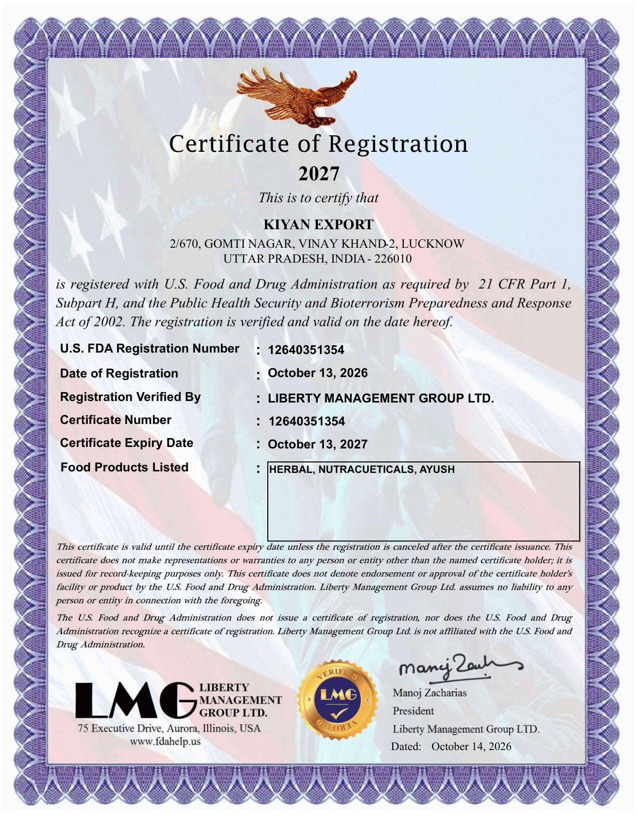US-FDA Certificate 2027